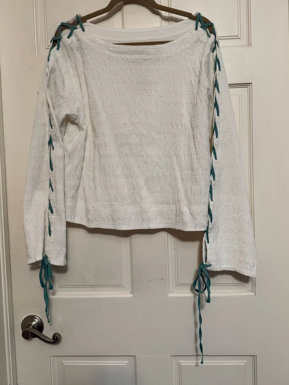 Free People White Lace-Up Sleeve Top with Teal Ties